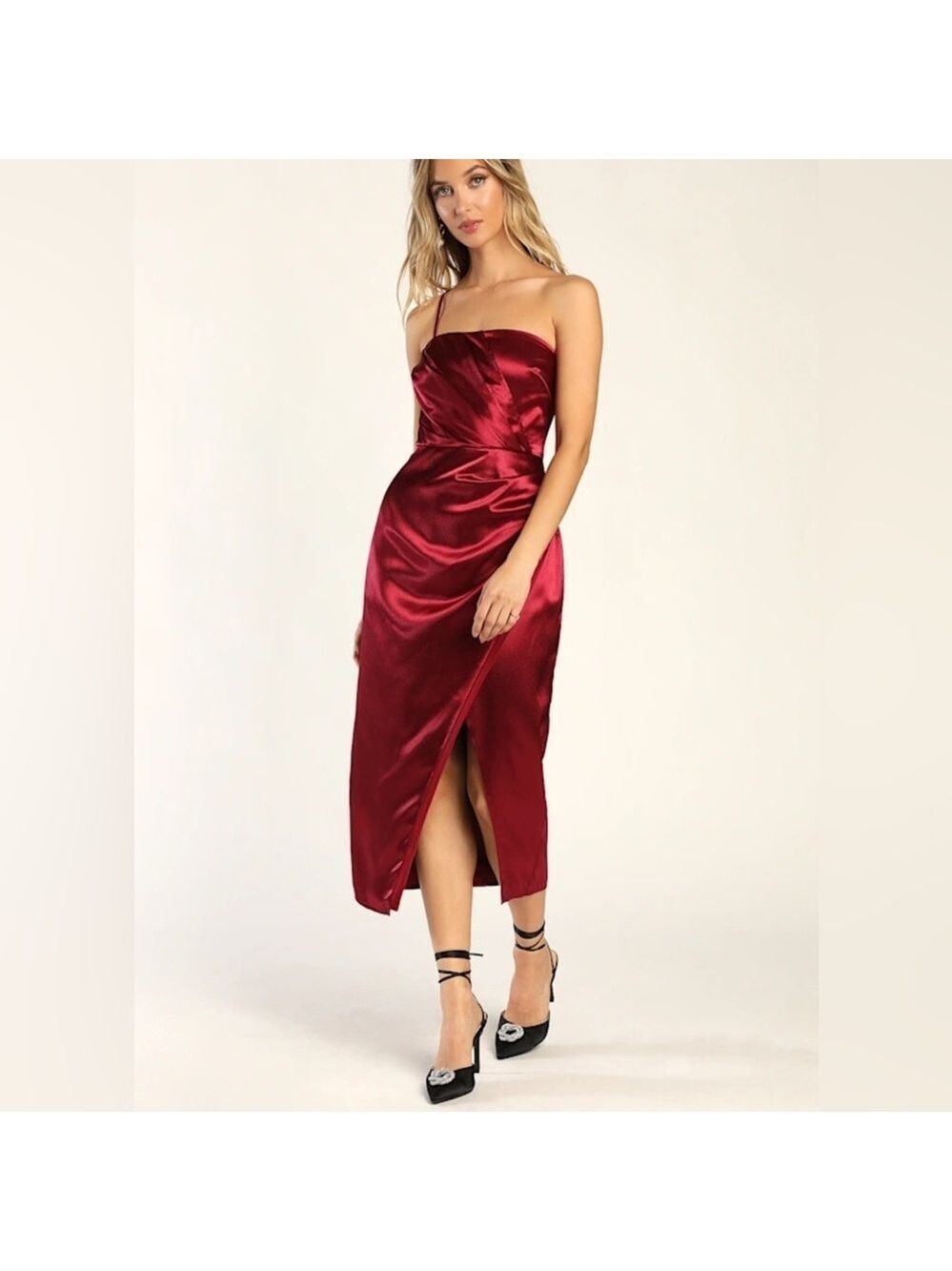 Lulu's One Shoulder Wine Red Midi Dress XS